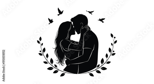 A silhouetted couple embracing intimately surrounded by birds and leafy botanical elements high quality professional detailed
