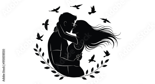 A silhouetted couple embraces tenderly surrounded by flying birds and delicate foliage high quality professional detailed