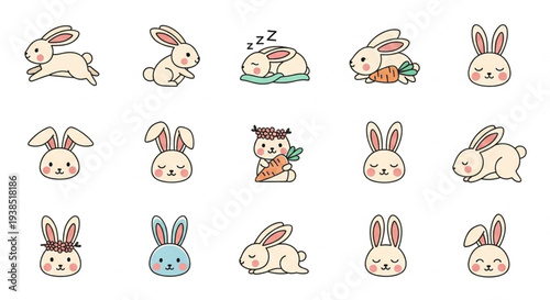 Collection of Adorable Cartoon Bunnies in Various Poses and Expressions.