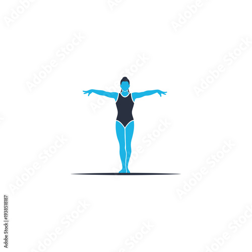 Woman in swimsuit standing with outstretched arms on white background.