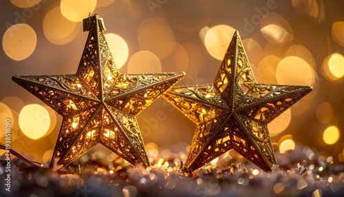Two golden star ornaments sit amongst silvery tinsel with warm, bokeh lights illuminating the background