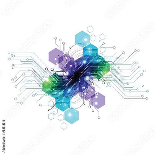 Dynamic abstract technological background with interconnected hexagonal shapes and glowing circuit lines, symbolizing innovation, data flow, and digital future networks