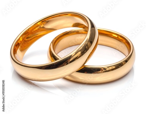 Two golden wedding bands are intertwined, catching the light on a plain white background, suggesting union and commitment