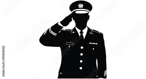 Silhouette of a military officer in uniform giving a salute isolated on a white background