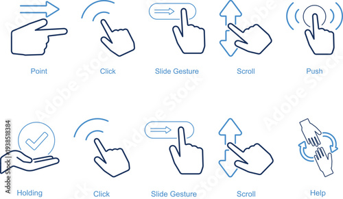 Collection of blue minimalist line icons representing common user interface touch gestures including point, click, slide, scroll, push, and holding.