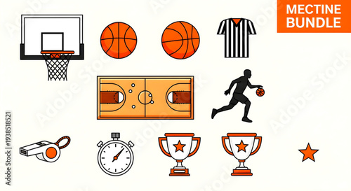Collection of sports icons representing basketball, referee, and awards, showcasing athletic achievements and competitive spirit in a sleek modern illustration style.