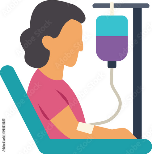 Woman sitting during oncology medical treatment with an iv drip