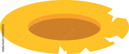 Yellow abstract object featuring a round hole and fractured edges creating a void