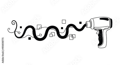 A black and white illustration of a ray gun with a winding organic cord design