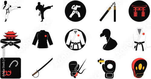 Collection of martial arts icons depicting various disciplines and equipment in a minimalist style from a straightforward viewpoint.