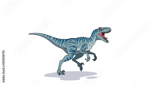 Striking illustration of a velociraptor dinosaur with blue stripes and its mouth open in a powerful prehistoric roar.