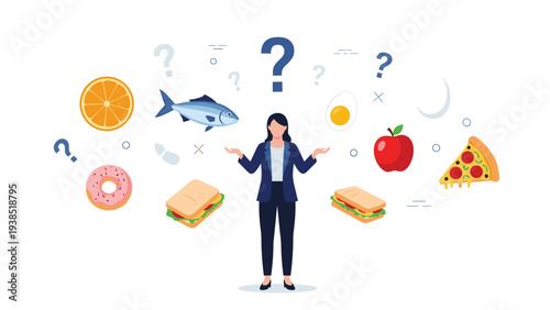 Stressed woman stands confused between healthy and unhealthy food choices represented by various floating icons and question marks.
