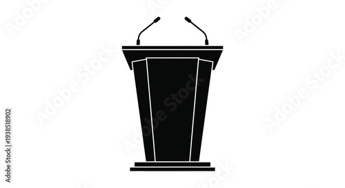A black silhouette of a podium with two microphones isolated on a plain white background