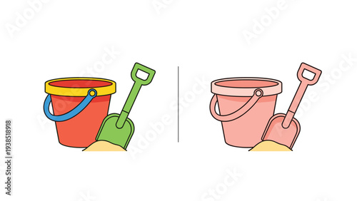 Simple toys including a red bucket and green spade sit in a sandpile shown in both colorful and faded versions.