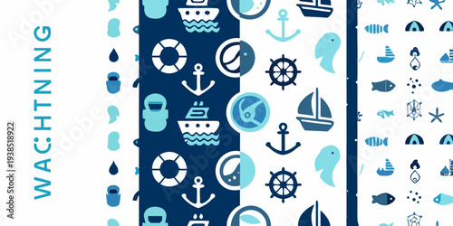 Nautical themed pattern with ships anchors and marine life icons