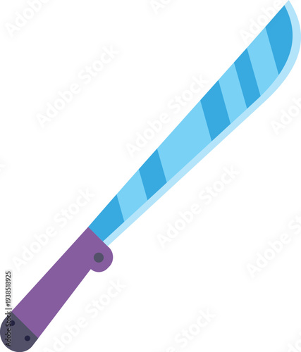 Modern illustration of a sharp machete featuring a blue blade and purple handle on white