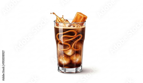 Iced Caramel Coffee Cocktail Vector with Vodka and Ice on White Background