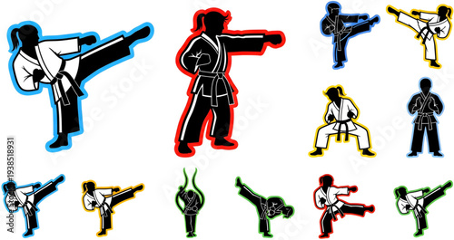 Martial arts athletes in various kicking and stance poses illustrated in multiple colors against a plain background from a front viewpoint.