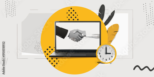 Digital handshake with a laptop clock and abstract shapes