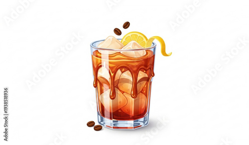 Cartoon Vector Iced Caramel Coffee Cocktail with Vodka and Ice on White Background