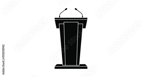 A black silhouette of a modern podium with two microphones isolated on a white background