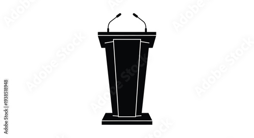 A silhouetted image of a black podium with two microphones isolated on a white background