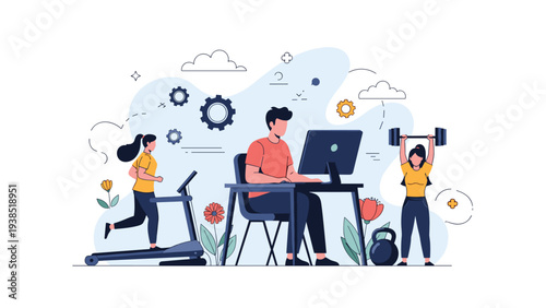 Modern professional balances a busy work schedule at a computer with daily fitness activities like running and weightlifting.