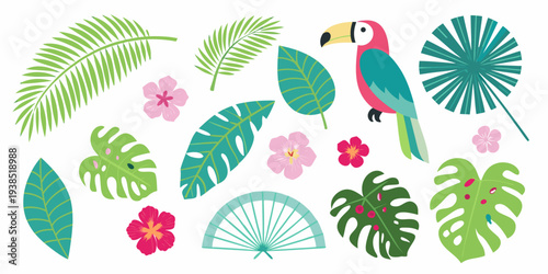 Tropical leaves flowers and a toucan create a vibrant illustration