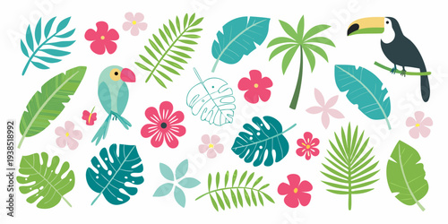 Tropical foliage and colorful birds create a vibrant playful design