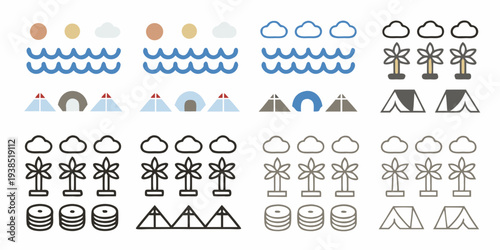 Weather icon set sun clouds rain and wind variations displayed