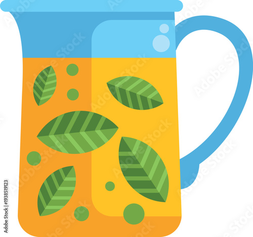 Bright yellow herbal drink in a glass pitcher with floating green leaves and bubbles