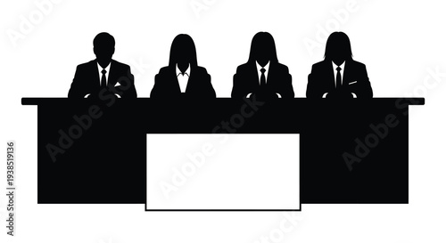 A black silhouette illustration depicting four judges seated behind a long table high quality professional detailed