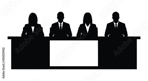A silhouette of four judges or panelists seated behind a long rectangular table high quality professional