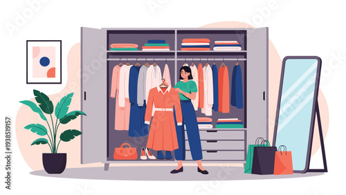 Stylish woman meticulously selects her daily outfit from a large, well-organized wardrobe filled with various garments.