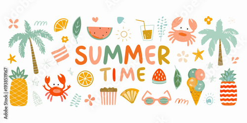 Colorful summer illustration featuring tropical fruits crabs and beach elements