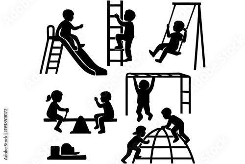 Children Playing in Playground Vector Silhouette Collection – Boys and Girls Outdoor Games