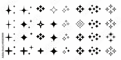 Collection of various black sparkle and starburst graphic elements