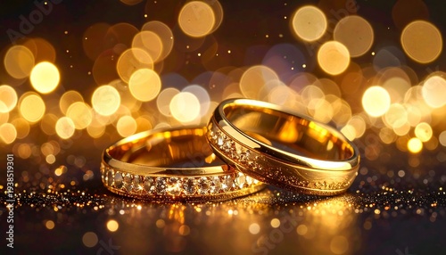 Two golden wedding bands, one with inset stones, sparkle against a bokeh lit golden and dark background