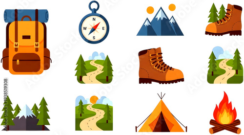Camping icons arranged in grid showcasing outdoor adventure elements including backpack, compass, mountains, hiking boots, trail, trees, tent, and campfire