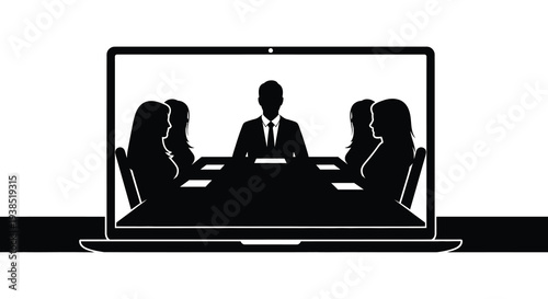 A laptop screen displays a silhouette of a business meeting with five participants high quality professional