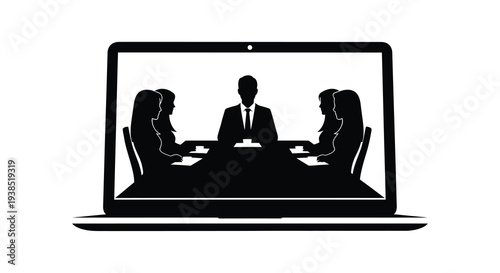 A laptop screen displays a silhouette of four people engaged in a meeting around a table