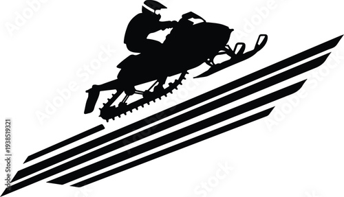 Snowmobiler in action speeding down snowy slope with motion lines