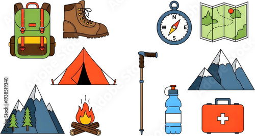 Hiking and camping icons showcasing adventure and exploration with outdoor gear and equipment on a transparent background from a top-down viewpoint.