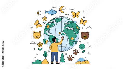 Environmentalist interacts with a globe surrounded by diverse flora and fauna, symbolizing global conservation efforts.
