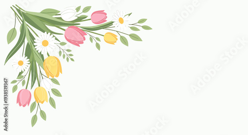 Vector illustration of spring flowers, including tulips, in a lush arrangement, set against a clean white background, showcasing a colorful and vibrant Italy-inspired floral design.