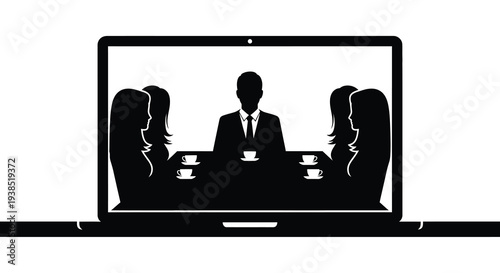 A black silhouette depicts a business meeting taking place on a laptop screen high quality professional