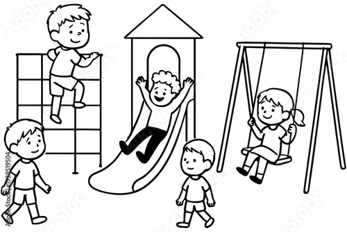 Isometric Playground Illustration – Children Playing on Swings and Slides Line Art
