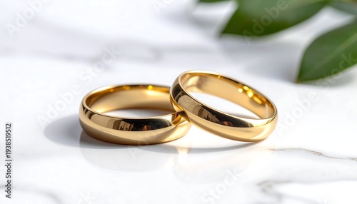 Two golden wedding rings rest on a white marble surface beside blurred green leaves; bright, smooth and rounded