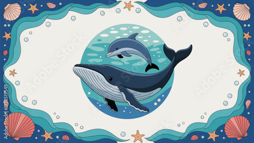 Two dolphins swimming together in ocean water circle surrounded by sea elements