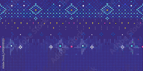 Abstract pixel art background featuring triangles hearts and sparkles
